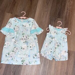 Sister matching set sewn with love,  12 month romper & 3T dress